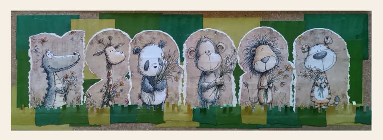Quadretti artigianali per bambini: giungla sorridente con animali. Erba in rilievo e ritagli artigianali su legno.
