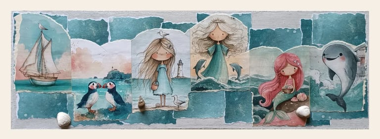 Quadretti artigianali per bambini: mare di Ibiza. Sirenetta, delfini e vere conchiglie, ritagli artigianali su legno.