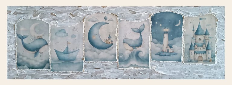 Quadri materici moderni, collage azzurro con balene, luna, faro e castello su sfondo bianco in rilievo. - Guance Rosse