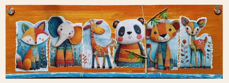 Quadretti artigianali per bambini: Pupazzopoli con teneri animali. Rametto vero e ritagli artigianali su legno.