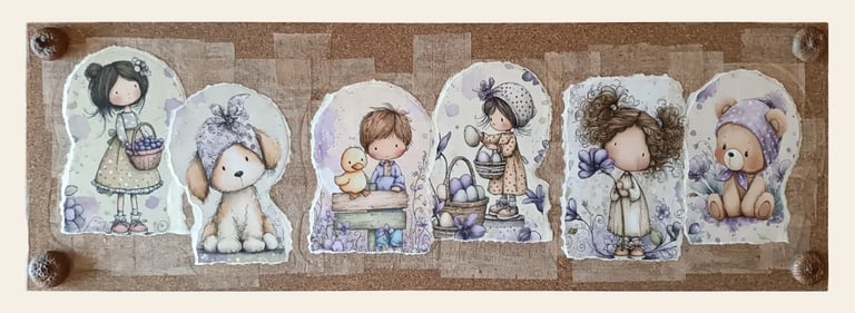 Regali nascita personalizzati, quadro materico lilla con collage di orsetto, bimbi, cagnolino e ghiande vere.