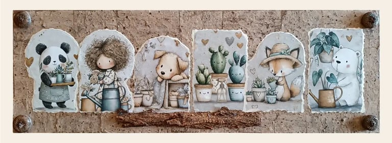 Decorazioni cameretta bosco, quadro materico collage piante con panda, bimba, volpe e ghiande vere. - Guance Rosse