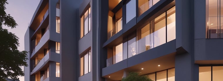 Sophisticated luxury apartment building with clean lines and modern architecture at dusk.