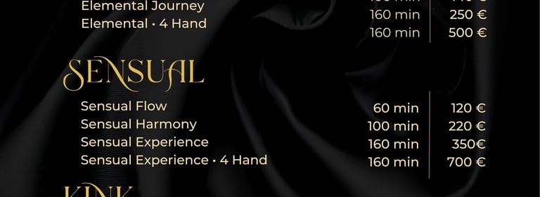 Senaya Massage Studio price list with Energetic, Sensual and Kink categories.