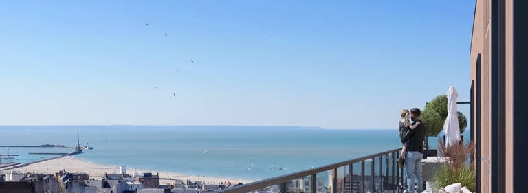 Terrasse privative avec vue panoramique sur la mer dans la résidence Les Terrasses du Fort au Havre 