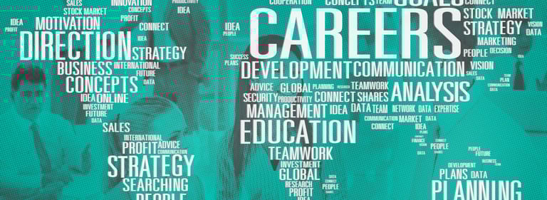 Professional business career word cloud with silhouettes of people and teal office background.