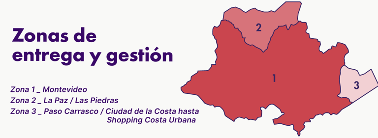Zonas de entrega y gestión: Zona 1 (Montevideo), Zona 2 (La Paz / Las Piedras), Zona 3 (Paso Carrasco / hasta Costa Urbana)
