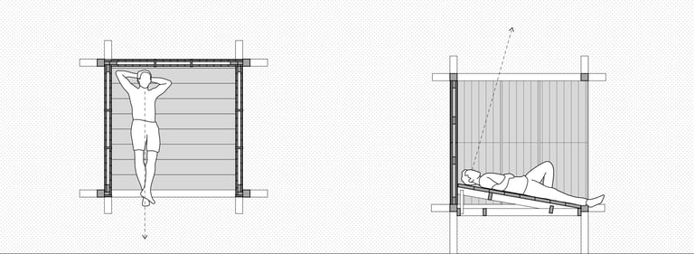 A floor plan and elevation of a wood pavilion