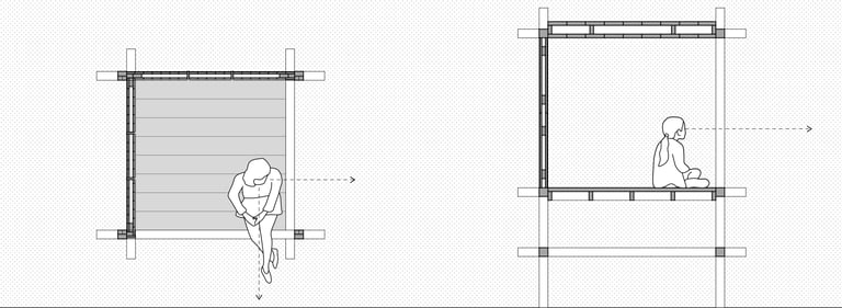 A floor plan and elevation of a wood pavilion