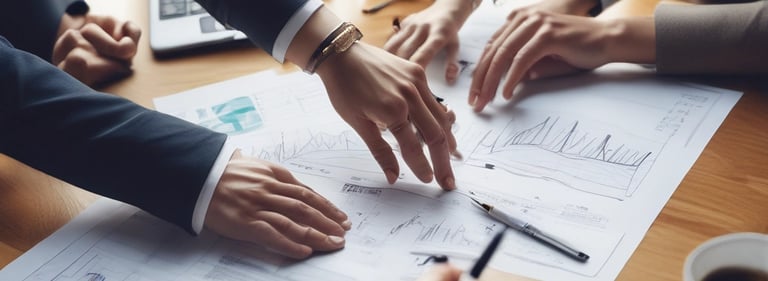 A team of professionals collaborating over strategic business charts in a modern office.