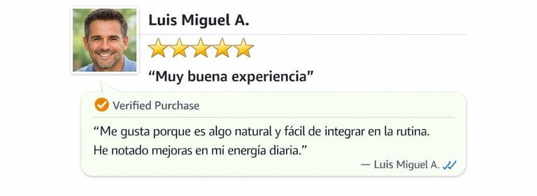 Hombre de 40 años relatando su mejora en la rutina diaria gracias a productos naturales.