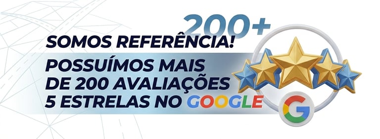 Banner comemorativo de mais de 200 avaliações 5 estrelas no Google com ícone de estrelas douradas.