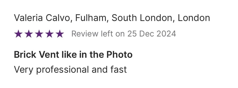 Five-star customer review for professional brick vent installation in Fulham, South London.