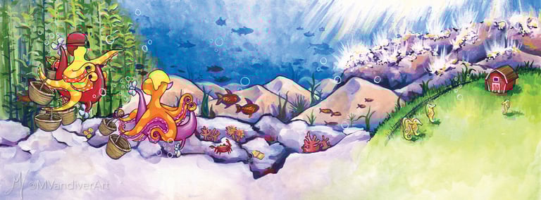 Illustrations from The Octopus's Holiday by New Orleans artist Melissa Vandiver.