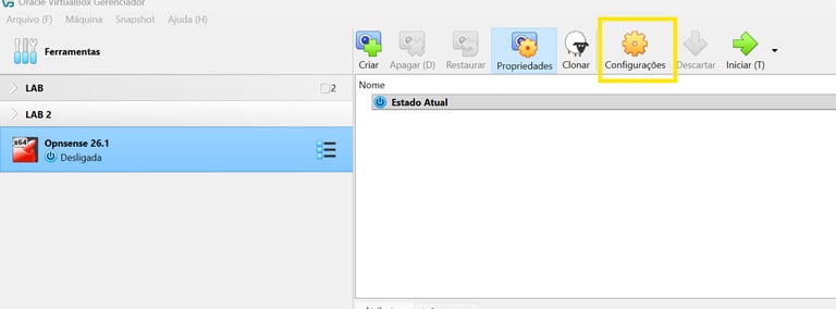 Editando as configurações avançadas da máquina virtual OPNsense no VirtualBox