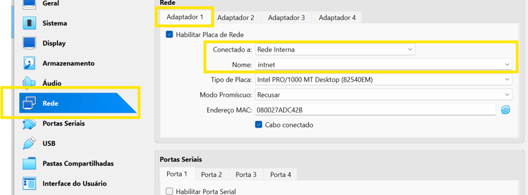 Aba de configurações de rede do VirtualBox com o adaptador 1 configurado para rede interna.