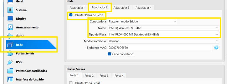 Aba de configurações de rede do VirtualBox com o adaptador 2 em modo bridge para o OPNsense.