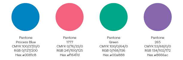 Brand color palette with their respective color codes.