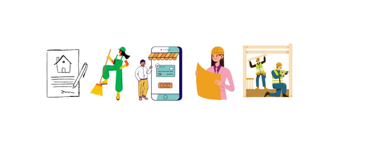"Illustration of home renovation process: design, cleaning, payment, planning, and construction."