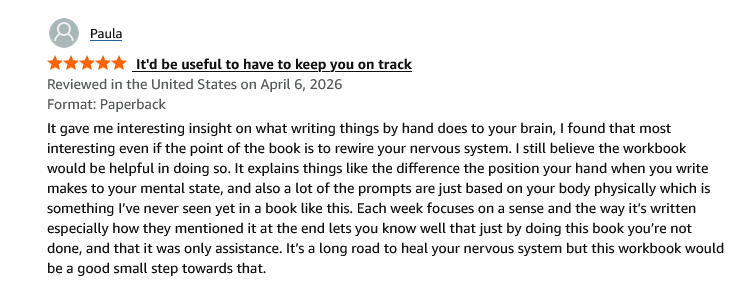 A 5-star customer review for a paperback workbook about rewiring the nervous system through writing.