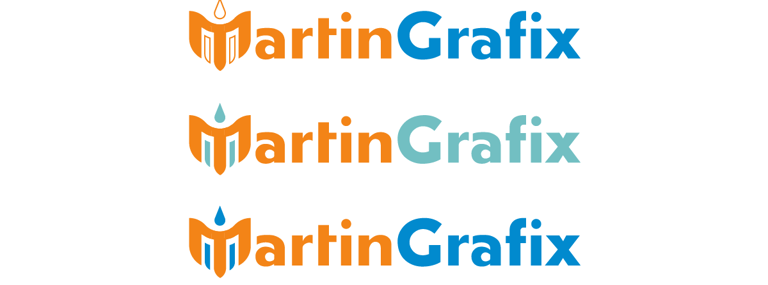 Five variations of the MartinGrafix logo with orange and blue text and a crown icon.