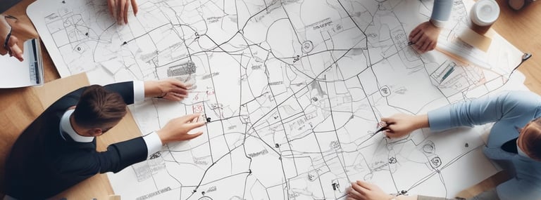 Close-up of hands sketching product designs and user flows on paper.