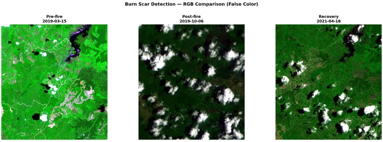 Three satellite images of the same area in Riau showing vegetation before fire and after fire