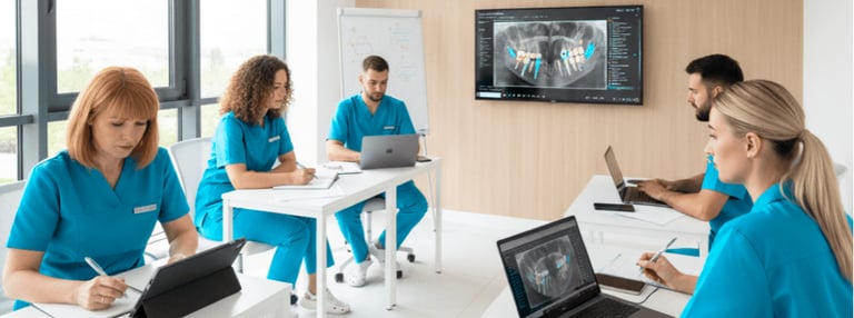 Equipo dental en formación con tecnología, viendo radiografías de implantes
