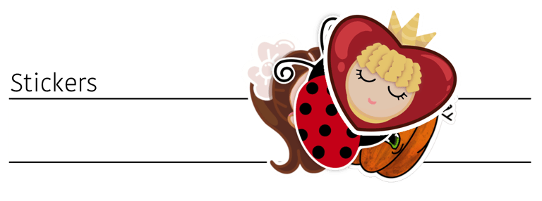 Cute cartoon stickers ladybug, a heart-faced girl with a crown, and a pumpkin.