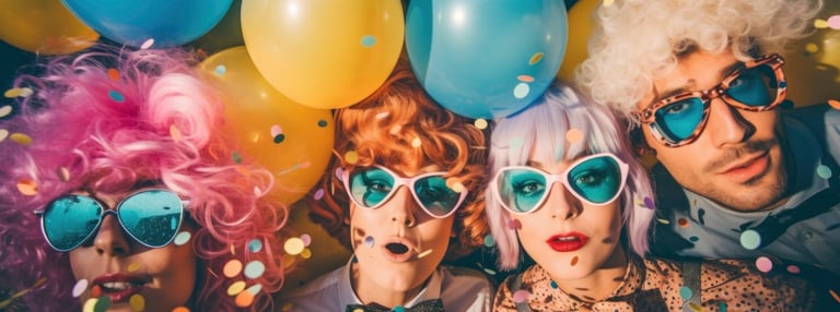 a group of people wearing wigs and wigs