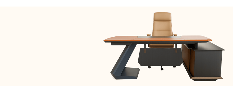 Modern executive office desk with a leather ergonomic chair and side storage cabinet.