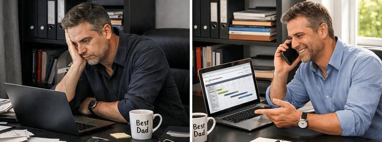 Before and after - man drowning in desk chaos, then confident and in control of his business