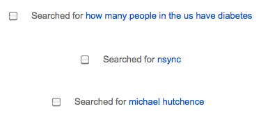 Searches including "how many people in the us have diabetes," "nsync," and "michael hutchence"