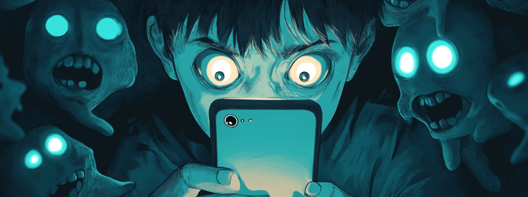 a man with a cell phone in front of a group of zombies