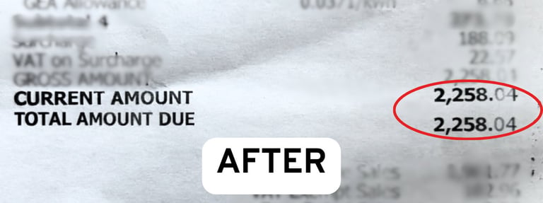 Close-up of a utility bill showing the total amount due circled in red with an after comparison label.