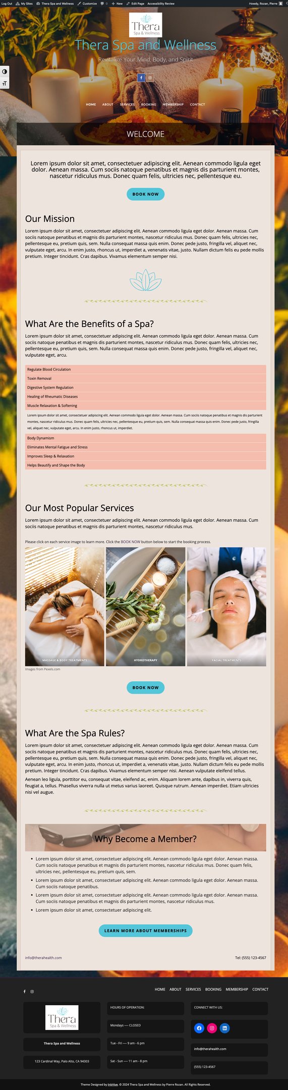Homepage web design with candles, welcome message, mission statement, service benefits, popular services, and contact info.