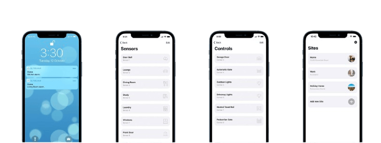 Mobile app interface showing smart home automation controls for sensors, garage doors, and site management.