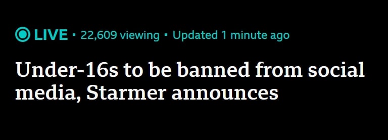 Screenshot of social media ban headline taken from BBC News Online