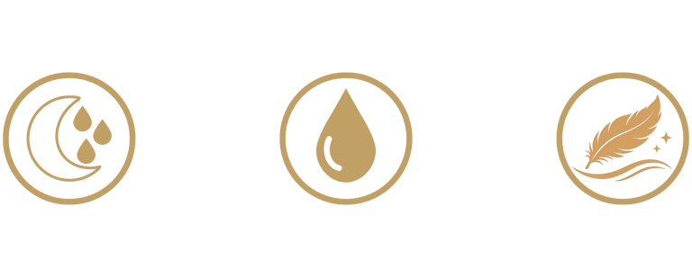 Gold icons for night use, hydration, and soft lightweight texture on a black background.