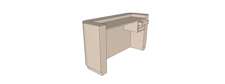 Modern tan reception desk featuring a curved corner and built-in drawers for office furniture design.