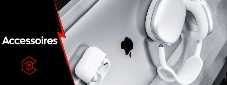 Accessoires Apple : AirPods et casque audio posés sur un MacBook – section Accessoires de Casa Elect