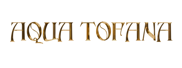 a metallic 3d text that says 'Aqua Tofana' written in gold