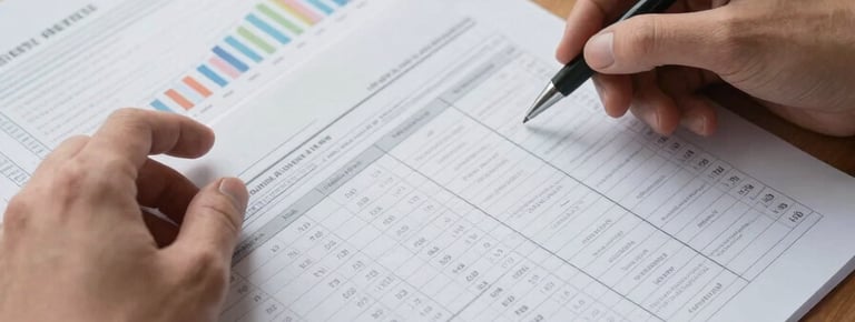 Close overhead shot of hands spreading market research documents and printed data tables across a wide wooden desk under warm window light, a pen resting on an open page, coffee cup at the corner