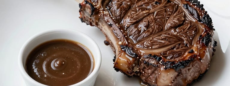 A close-up of a perfectly grilled tomahawk steak resting on a dark slate plate accented with gold hues.