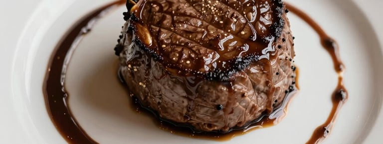 A close-up of a perfectly grilled tomahawk steak resting on a dark slate plate accented with gold hues.