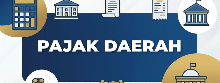 Pajak Daerah text banner featuring financial icons, government building symbols, and a calculator for regional tax themes