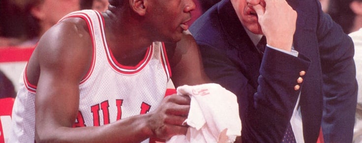 Michael Jordan (left) and Bulls Head Coach Kevin Loughery (right) pictured during the 1984-85 season