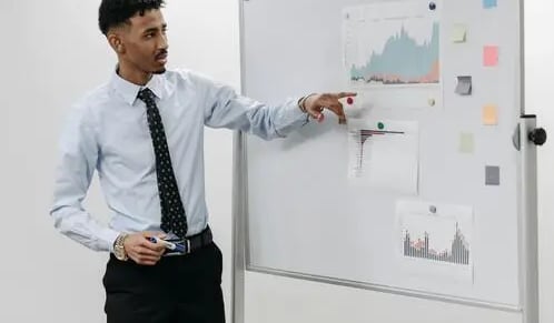 Business professional presenting sales data and strategies for B2B lead generation planning