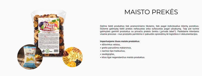 Assorted dried fruit compote mix and tortilla chips snacks with Lithuanian product descriptions.