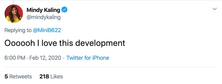 Mindy Kaling tweet reacting to launch; investor/creator excitement.